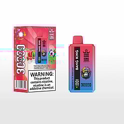 Bang King disposable vape device and packaging in watermelon ice blueberry mint flavor, featuring a colorful monkey graphic and nicotine warning label.