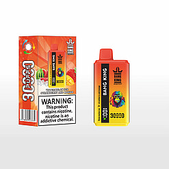 Bang King 3000 Puffs disposable vape device and its orange-yellow packaging featuring images of watermelon, strawberry, and mango, with a nicotine warning label.