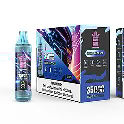 Three views of Bang King Tornado Blue Razz Ice vape devices and packaging, including a clear vape bottle, a 10-pack box with warning labels, and a single smaller box, all featuring blue and purple futuristic designs.