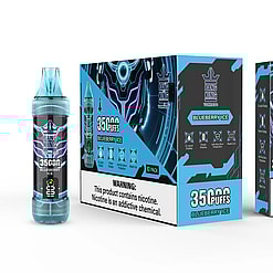 Bang King Tornado Blueberry Ice disposable vape device next to its 10-pack retail box and individual box, featuring blue and black futuristic design with nicotine warning labels and icons for E-liquid, power display, anti-dry burn protection, and mesh coil.