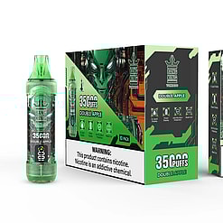Bang King Tornado disposable vape device and packaging in green themed double apple flavor, showing 35,000 puffs with warnings about nicotine addiction and product features like e-liquid display, power display, anti-dry burn protection, and mesh coil.