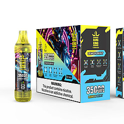 Bang King Tornado Lemon Mint vaping device with a yellow transparent cap and LED design, next to its colorful packaging box displaying 35,000 puffs, lemon mint flavor, and warnings about nicotine addiction, featuring futuristic artwork and icons for e-liquid display, power display, anti-dry burn protection, and mesh coil.