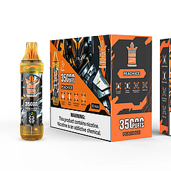 Bang King Tornado disposable vape device and packaging in peach ice flavor with 3500 puffs, showing vape device, 10-pack box, and a single box with nicotine warning label and product features in black and orange design