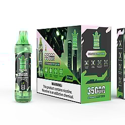 Green and black Bang King Tornado e-liquid vape device and packaging displaying 35,000 puffs, strawberry kiwi flavor, with warnings about nicotine content and features like e-liquid display, power display, anti-dry burn protection, and mesh coil.