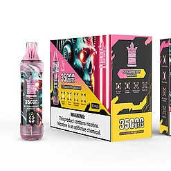 Bang King Tornado disposable vape device and packaging in Strawberry Mango flavor, showing a black and pink design with a mechanical skull graphic, highlighting 35,000 puffs and nicotine warning.