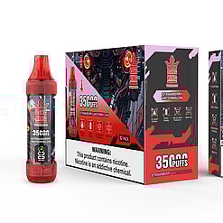 Bang King Tornado disposable vape device and packaging featuring strawberry watermelon flavor, highlighting 3500 puffs, power display, anti-dry-burn protection, and mesh coil features, with a nicotine warning label.