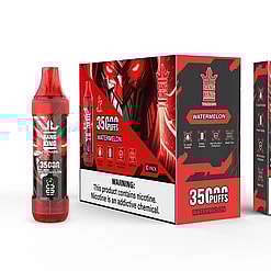 Bang King Tornado watermelon flavored vaping device and packaging featuring bold red and black design with a menacing robotic face, indicating 35,000 puffs, e-liquid display, power display, anti-dry burn protection, mesh coil, and nicotine warning label.