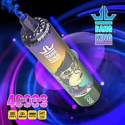 A Bang King Blueberry Grape vape device emitting blue vapor, featuring a cartoonish monkey wearing sunglasses on the body, set against a futuristic background with purple and blue light rings, with text highlighting 40000 puffs, USB Type-C charging, 1000 mAh battery, and 1.0 ohm mesh coil specifications.