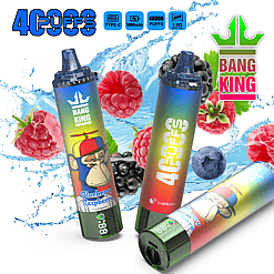 Three colorful disposable vape devices labeled '40 PUFFS' and 'BANG KING' with a blueberry raspberry flavor, surrounded by splashing water and fresh berries including raspberries, blackberries, and blueberries.