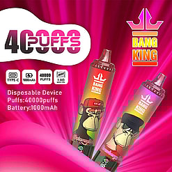 Two colorful disposable vape devices with cartoon monkey designs labeled Watermelon and Strawberry Ice, advertised with 40000 puffs, 1000mAh battery, Type-C charging, and mesh coil beneath the brand name BANG KING on a vibrant pink background.