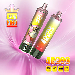 Two disposable vape devices with gradient yellow to red bodies and black bases displaying a digital puff counter; one has text 'BANG KING' and an obscured graphic, the other shows '40000 PUFFS' and 'D-GREATH' on a pink and yellow background swirl