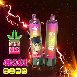 Two colorful disposable vape pens side by side against a dark background with bright lightning effects, featuring a cartoon ape with sunglasses and text including Bang King, Strawberry Ice flavor, 40000 puffs, and 88% indicator.