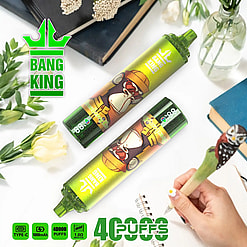 Two green Bang King disposable vape devices with a cartoon gorilla wearing a hat on the label, surrounded by green plants, flowers, books, and a hand holding a pen with an owl figure, on a white surface.