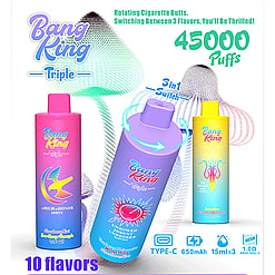 Three colorful Bang King Triple vape devices in pink, purple, and yellow-to-blue gradient with labels highlighting strawberry kiwi, watermelon, and juicy lime flavors, accompanied by text advertising 45,000 puffs, 10 flavors, 3-in-1 switch, and technical specs like Type-C charging, 650mAh battery, and 1.0 mesh coil.