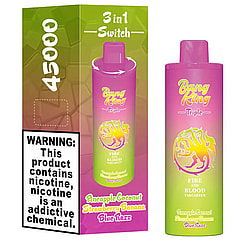 Pink and green gradient disposable vape device and matching box labeled Bang King Triple with flavors pineapple coconut, strawberry banana, and blue razz, containing 4500 puffs and a nicotine warning
