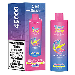 Pink and blue gradient Bang King Triple disposable vape with packaging showing 3-in-1 switch feature, flavor names strawberry kiwi, sour mango pineapple, and Red Bull, and a nicotine addiction warning label