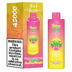 Pink and yellow gradient Bang King Triple nicotine vape device with 45000 puff capacity, featuring strawberry raspberry, triple melon, sour mango pineapple flavors, next to its matching box with a nicotine warning label