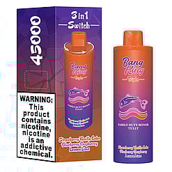 Packaging and disposable vape device labeled Bang King Triple with 45000 puffs, featuring a 3-in-1 flavor switch for strawberry vanilla coke, blueberry raspberry, and lemon lime, warning about nicotine addiction.