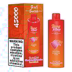 Red and orange disposable vape device and box labeled Bang King Triple with the slogan Winter is Coming Stark featuring tropical fruit flavors strawberry, watermelon, lemon, and peach, 4500 puffs, and a nicotine warning label.