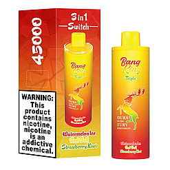 Bang King Triple disposable vape device and packaging showing 45000 puffs, 3in1 switch, flavors Watermelon Ice, Red Bull, Strawberry Kiwi, with a colorful deer logo and a nicotine warning label