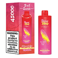 Red and pink Bang King Triple disposable vape device with an image of a yellow bird and text indicating watermelon ice, strawberry ice cream, and triple melon flavors, next to its box showing a 4500 puff count and a nicotine addiction warning.