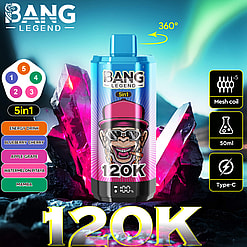Bang Legend 120K disposable vape device with a pink label featuring a cartoon monkey wearing sunglasses and a hat, set against a vibrant background with glowing pink crystals and northern lights, highlighting features such as 5in1 flavors, 360-degree rotation, mesh coil, 50ml capacity, and Type-C charging
