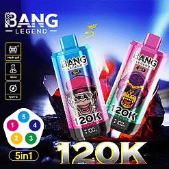 Two colorful Bang Legend 5in1 120K vape devices with cartoon ape designs, one blue with a pink hat ape and the other pink with purple ape wearing sunglasses, set against fiery glowing coals, highlighting features like mesh coil, 50ml capacity, and Type-C charging.