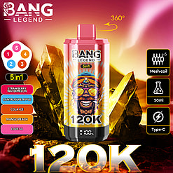 A colorful disposable vape device labeled BANG LEGEND 5in1 120K with a 360-degree rotation arrow above it, surrounded by text indicating 5 flavors: strawberry watermelon, cantaloupe apple, cola ice, mango peach, and love 66, and icons showing features: 5 mesh coils, 50ml capacity, and Type-C charging port, set against a dramatic background of large golden crystals and warm lighting.