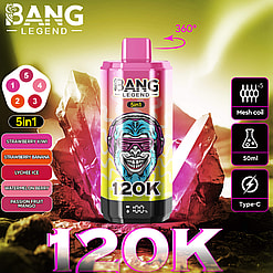 Pink and yellow BANG LEGEND 120K 5in1 vape device with monkey wearing headphones graphic, surrounded by crystal-like rocks, flavor options listed as strawberry kiwi, strawberry banana, lychee ice, watermelon berry, and passion fruit mango; features mesh coil, 50ml capacity, Type-C charging, and 360-degree rotation; set against a glowing yellow background.