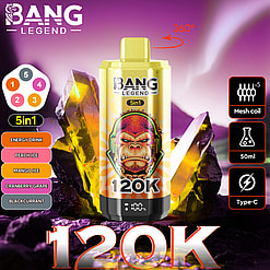 Yellow Bang Legend 120K 5-in-1 disposable vape device with gorilla illustration, surrounded by colorful flavor labels, 360-degree rotation arrow, mesh coil, 50ml capacity, and Type-C charging icons against a purple and black rocky background.