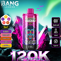 A vibrant pink and purple vape device with a blue monkey wearing sunglasses on it, labeled 120K and 5 in 1, surrounded by icons indicating 360-degree use, five mesh coils, 50ml capacity, and Type-C charging, set against glowing purple crystals and a blue-green aurora background with the brand name Bang Legend.