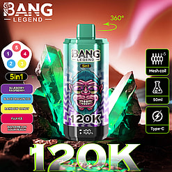 A greenish cylindrical Bang Legend 5in1 vape device surrounded by glowing green crystals with text indicating 5 flavors, 5 mesh coils, 50ml capacity, and Type-C charging, set against a reddish blurred background.