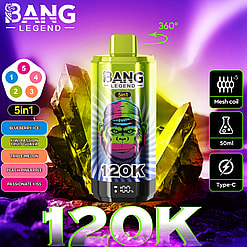 Colorful BANG LEGEND 5-in-1 disposable vape device with a vibrant monkey face design, set against a luminous purple and yellow crystal background, highlighting features like 120K puffs, mesh coil, 50ml capacity, and Type-C charging.