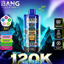 A blue disposable vape device labeled Bang Legend 5in1 120K, with a 360-degree rotation arrow above it, surrounded by illustrations indicating five flavor options (blueberry ice, watermelon bubble gum, sour apple raspberry, asparagus mango melon, passion fruit kiwi lime), and icons showing mesh coil x5, 50ml capacity, and Type-C charging, set against a background of blue crystals and aurora-like lights.
