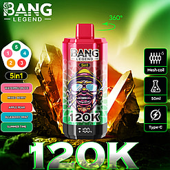 Red Bang Legend 5-in-1 disposable vape device with a colorful graphic of a man wearing sunglasses and a hat, displayed against a green and yellow background with crystal formations, highlighting features like 120K puffs, mesh coil x5, 50ml capacity, and Type-C charging, and showing five flavor options: Watermelon Ice, Mixed Berry, Apple Pear, Blueberry Mint, and Summer Time.