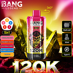 Brightly colored vaping device labeled Bang Legend 5in1 with a stylized monkey face and 120K on the front, surrounded by icons indicating 5 flavors (Watermelon Ice, Strawberry Mango, California Cherry, Blueberry Peach Ice, Berry Ice), 5 mesh coils, 50ml capacity, and Type-C charging, set against a vibrant rocky background with glowing pink and yellow hues.