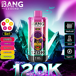 Bang Legend 5-in-1 disposable vape device with 120K puffs, featuring a colorful design with a purple gorilla wearing sunglasses on the center, surrounded by flavor options including strawberry watermelon, grape ice, red mojito, banana ice, and lemon lime, and technical features like 5 mesh coils, 50ml capacity, and Type-C charging, all set against a vibrant icy crystal background with 360-degree rotation indication.