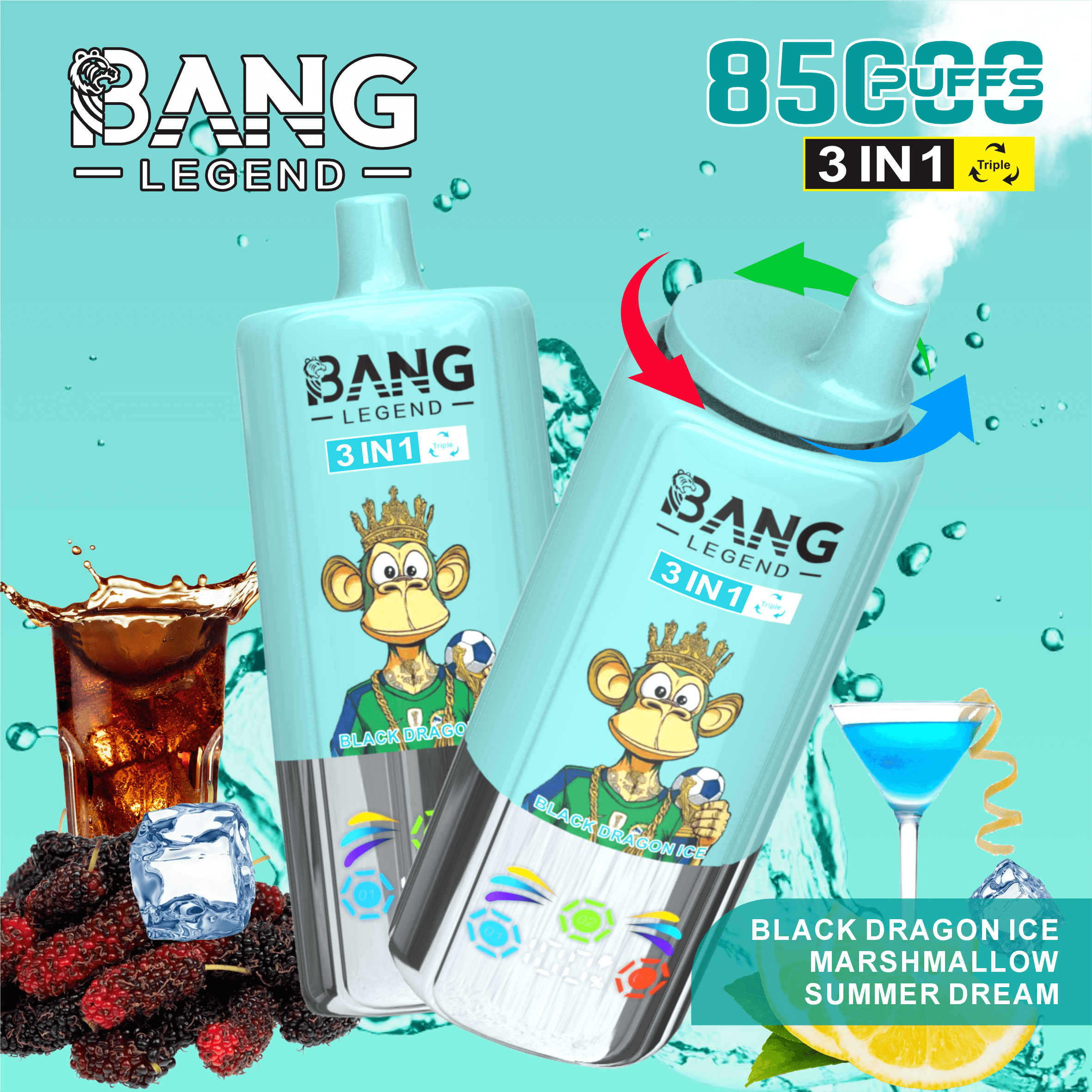 Two light blue BANG Legend 3-in-1 disposable vape devices with a monkey wearing a crown illustration, surrounded by water splashes, iced cola with black mulberries, and a blue cocktail with lemon slice, highlighting 8500 puffs and Black Dragon Ice Marshmallow Summer Dream flavors.