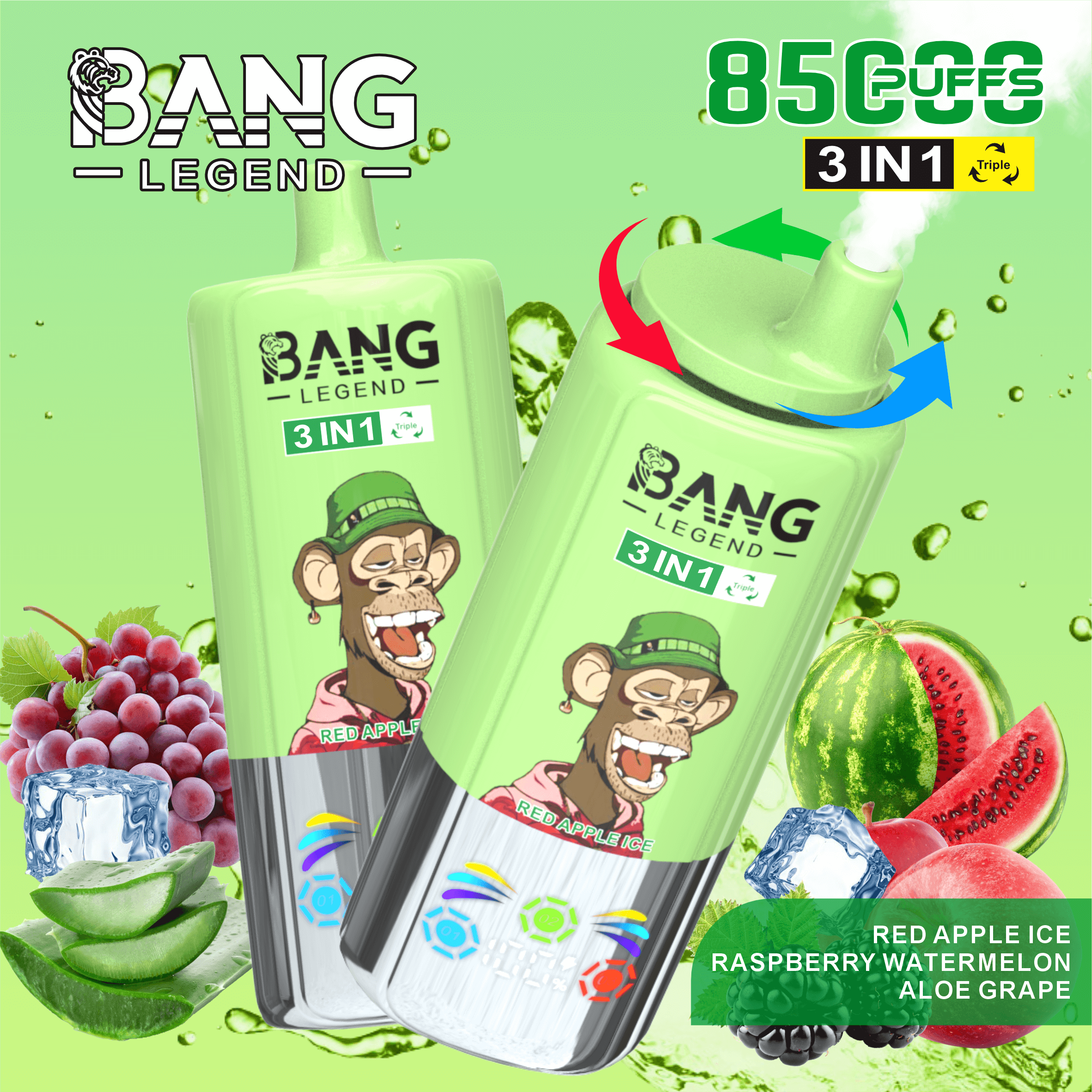 Two green Bang Legend 3-in-1 vape devices with Red Apple Ice flavor, featuring a cartoon monkey in a green hat, surrounded by images of grapes, aloe slices, ice cubes, watermelon, and raspberries, with 8500 puffs indicated.