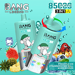 Two teal-colored Bang Legend disposable vape devices with an illustrated monkey wearing a green cap and pink shirt, labeled 