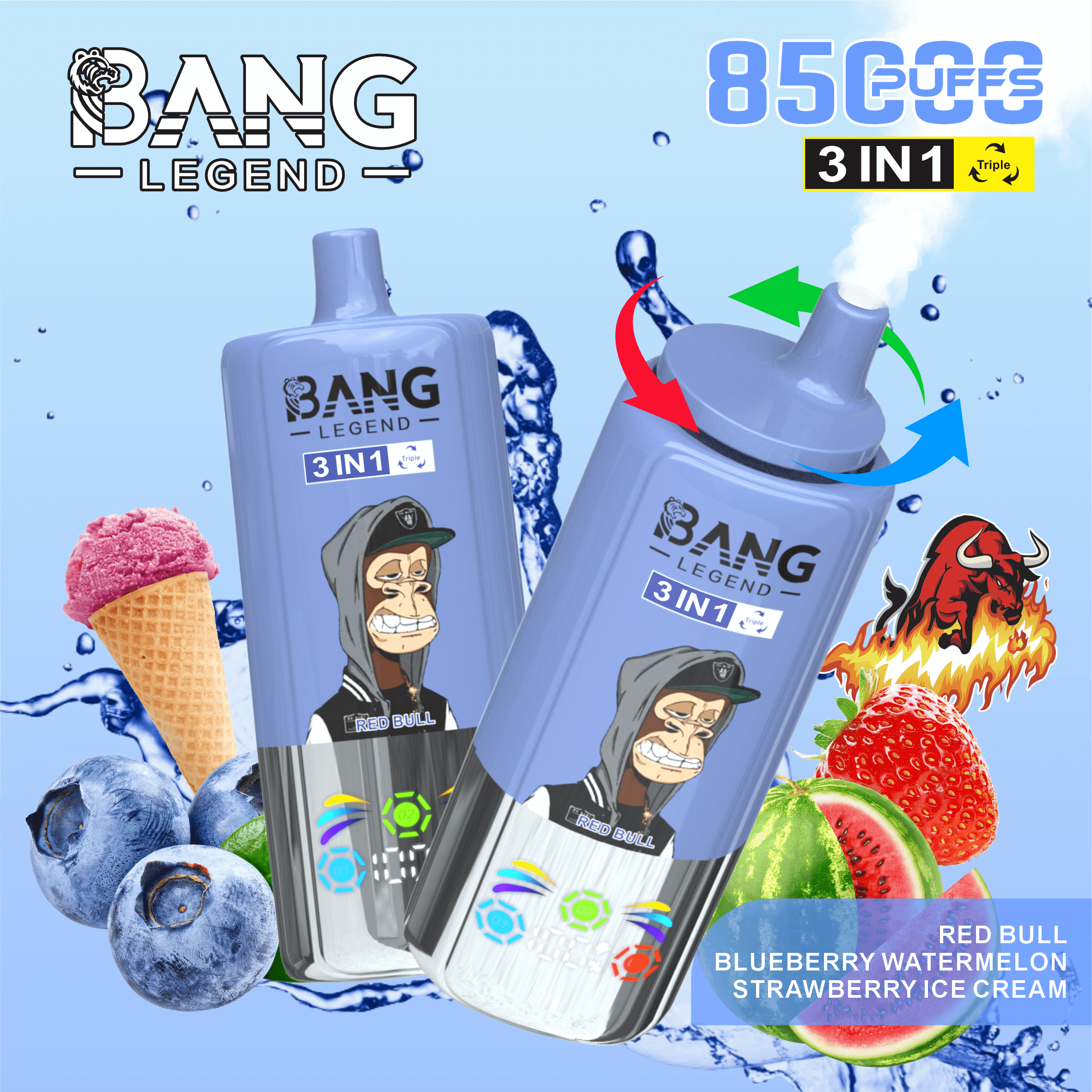 Two blue Bang Legend 3-in-1 disposable vape devices with animated Red Bull character logos, surrounded by blueberries, watermelon, strawberries, ice cream cone, and flames, with text highlighting 8500 puffs and flavors: Red Bull, Blueberry Watermelon, Strawberry Ice Cream.