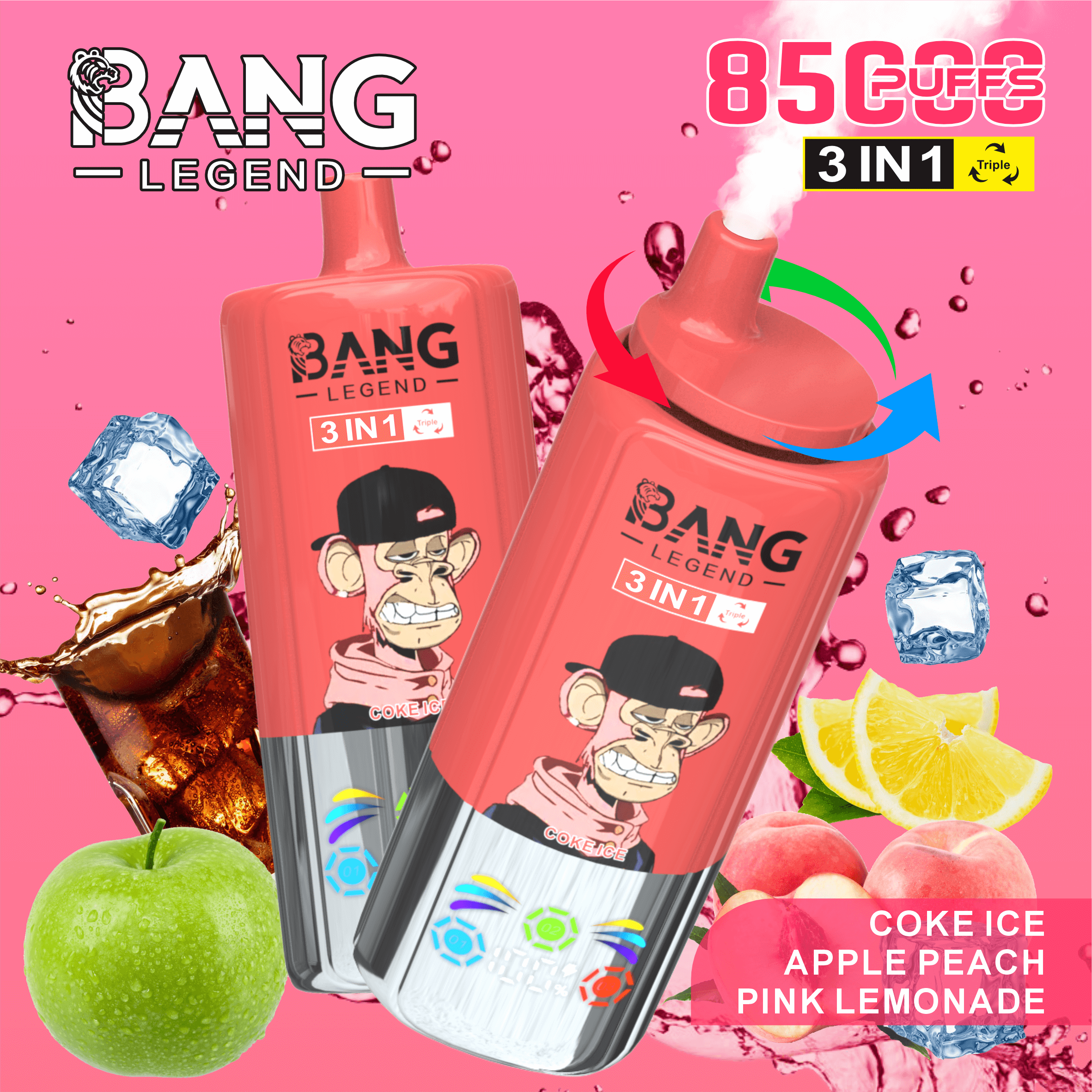 Two red Bang Legend vaping devices with cartoon monkeys on them surrounded by ice cubes, green apple, peach, lemon slices, and a splash of cola, indicating flavors of coke ice, apple peach, and pink lemonade with a pink background and text highlighting 8500 puffs and 3 in 1 triple flavor