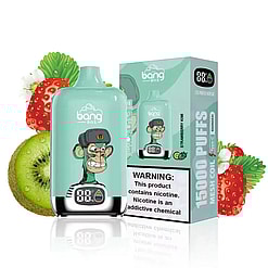 Bang box disposable vape device with a cartoon angry monkey wearing a fur hat on the turquoise body, displayed alongside its matching box with images and text indicating 15000 puffs, strawberry kiwi flavor, and a nicotine warning, with sliced kiwi and strawberries in the background