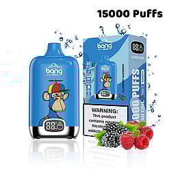 Blue Bang Box vape device with a cartoon monkey wearing a multicolored cap, alongside its packaging showing blueberry raspberry flavor and 15000 puffs capacity, with images of blackberries and raspberries and a nicotine warning label.