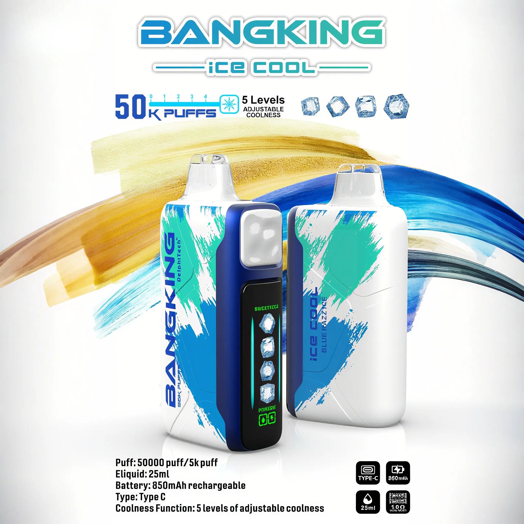 Two Bangking Ice Cool vape devices with blue and green abstract patterns, standing side by side against a white background with colorful brush strokes behind them, featuring text about 50,000 puffs, 5 levels of adjustable coolness, 25 ml e-liquid, 850 mAh rechargeable battery, and Type C charging.