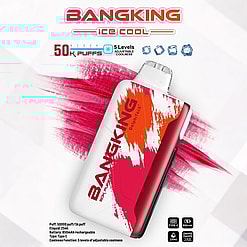 A white and red BANGKING DeplhiTech vape device with red and orange abstract paint streaks, shown against a white background with red brush strokes, advertising 50,000 puffs, 25ml e-liquid, 850mAh rechargeable battery, Type C charging, and 5 levels of adjustable coolness with ice cube icons.