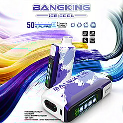 Two white and purple Bangking Ice Cool vaping devices with digital displays showing ice cube icons and puff count, set against a colorful swirled background indicating 50K puffs, 5 levels of adjustable coolness, 25ml e-liquid, 850mAh battery, and Type C charging.