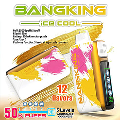 Two portable vaping devices with white, pink, and yellow designs labeled 'BANGKING ice cool', highlighting 50,000 puffs capacity, 25 ml e-liquid, 850 mAh rechargeable battery, Type C charging, 5 levels of adjustable coolness, and availability in 12 flavors.
