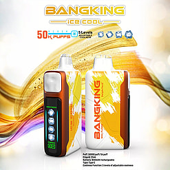 Two rectangular vape devices with orange and white paint splash design labeled 'BANGKING ice cool', featuring an adjustable coolness level display with ice cube icons, set against a background with swirling orange, purple, and gold hues and text indicating 50,000 puffs, 25ml e-liquid, 850mAh battery, and Type C charging.