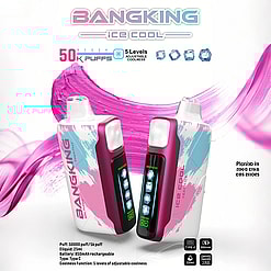 Two Bangking Ice Cool vaping devices in white, pink, and blue with digital displays and mouthpieces, set against a white background with pink and purple paint streak effects, highlighting features like 50K puffs, 5 levels of adjustable coolness, 25ml e-liquid capacity, and rechargeable battery.